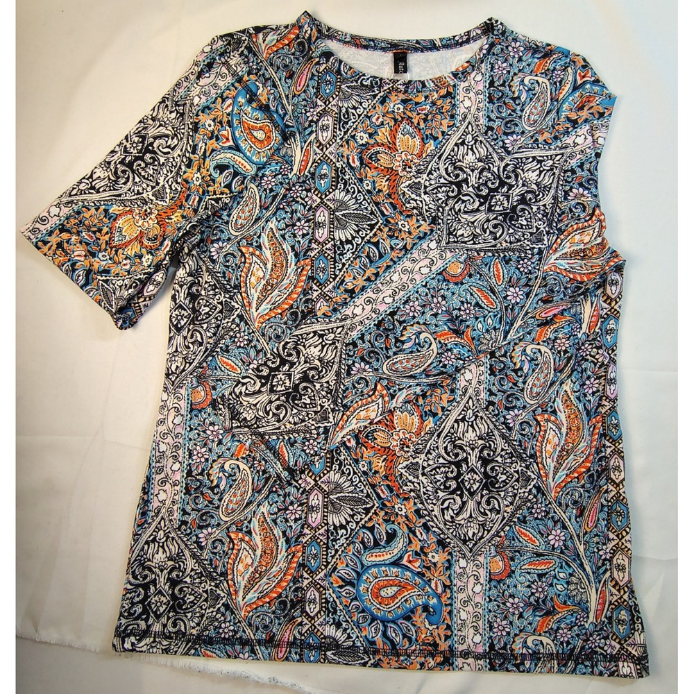 NWT AUTOMET Womens L Blue Orange Paisley Medallion Short Sleeve Blouse Boho Top
